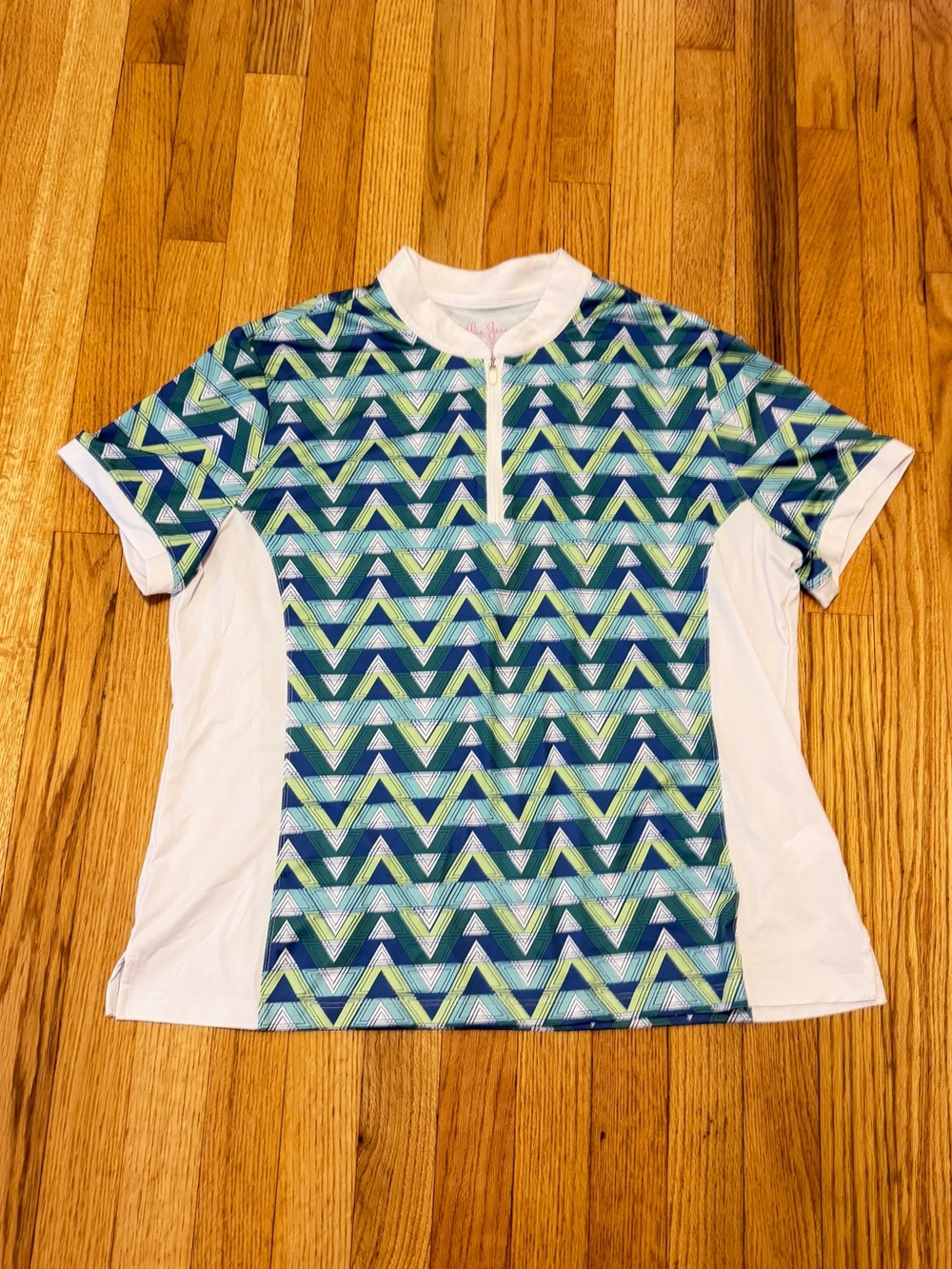 Lillie Green White-Collar Blue/Green Geometric Zip Top Golf/Equestrian Shirt PXL
